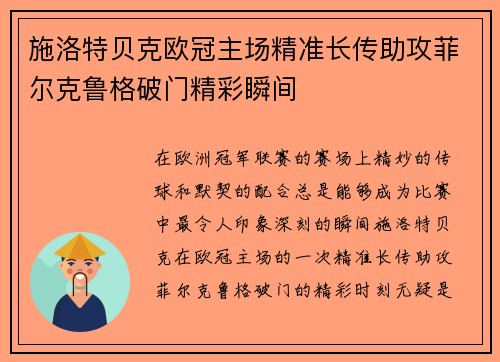 施洛特贝克欧冠主场精准长传助攻菲尔克鲁格破门精彩瞬间